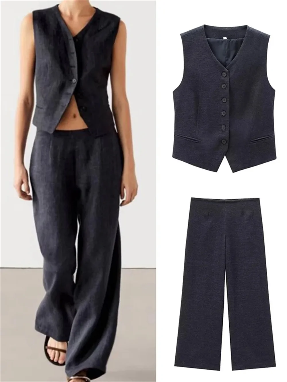 

Элегантный костюм из имитации джинсовой ткани и льняных брюк, лето 2024, однобортный жилет с V-образным вырезом и широкие брюки, Офисная Женская одежда