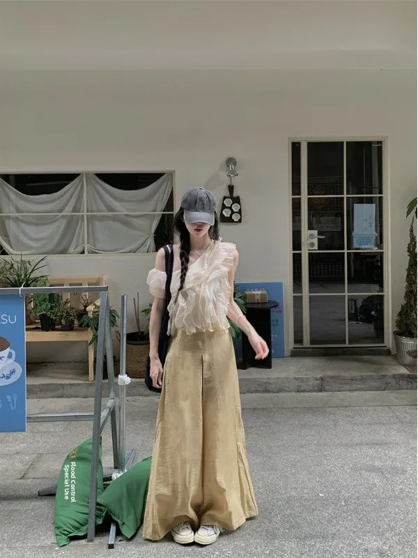 

Fashionable Spring Set Women's Off-Shoulder Ruffle Hem Loose Casual Pants Two-Piece Suite High Waist Long Pants Short Sleeve