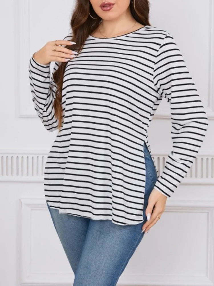 GIBSIE Plus Size w paski rozcięty długi T-Shirt damski 2024 wiosna jesień koreańska moda z długim rękawem luźna koszulka z okrągłym dekoltem