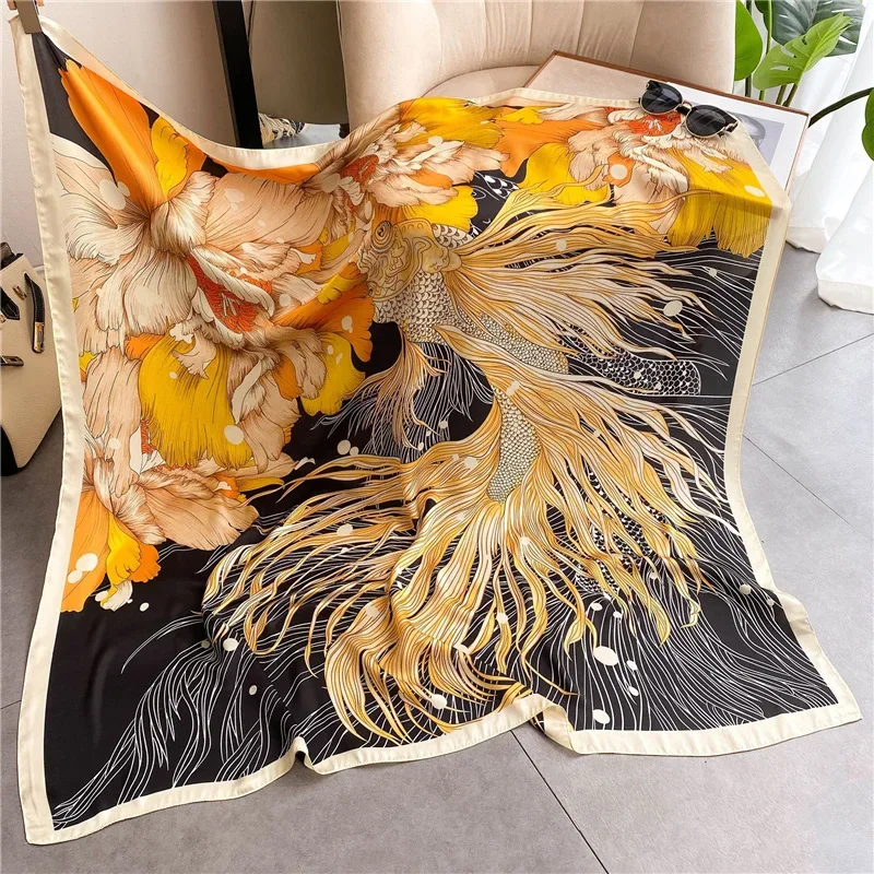 

Retro ethnic style goldfish begonia flower printing square scarf imitation silk silk scarf with sunscreen shawl women