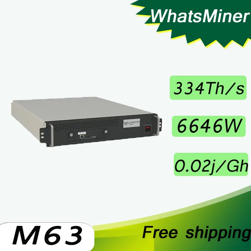 Model WhatsMiner M63 from MicroBT mining SHA-256 algorithm with a maximum hashrate of 334Th/s for a power consumption of 6646W