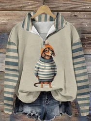 Retro Fall Hoodie Women's Dachshund Print Striped Zip-Up Pullover Casual Women's Tops Polo Sweatshirt