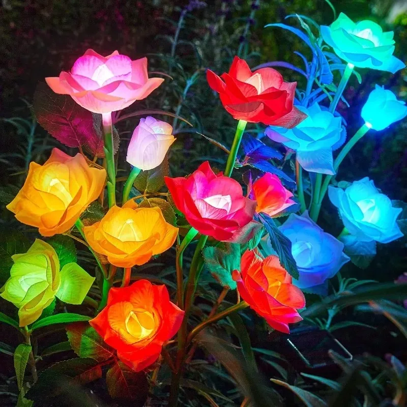 Waterproof Solar Rose Lights Outdoor 3 Realistic Lighted Flower Heads Garden Decorative Lamp Patio Home Yard Landscape Decor