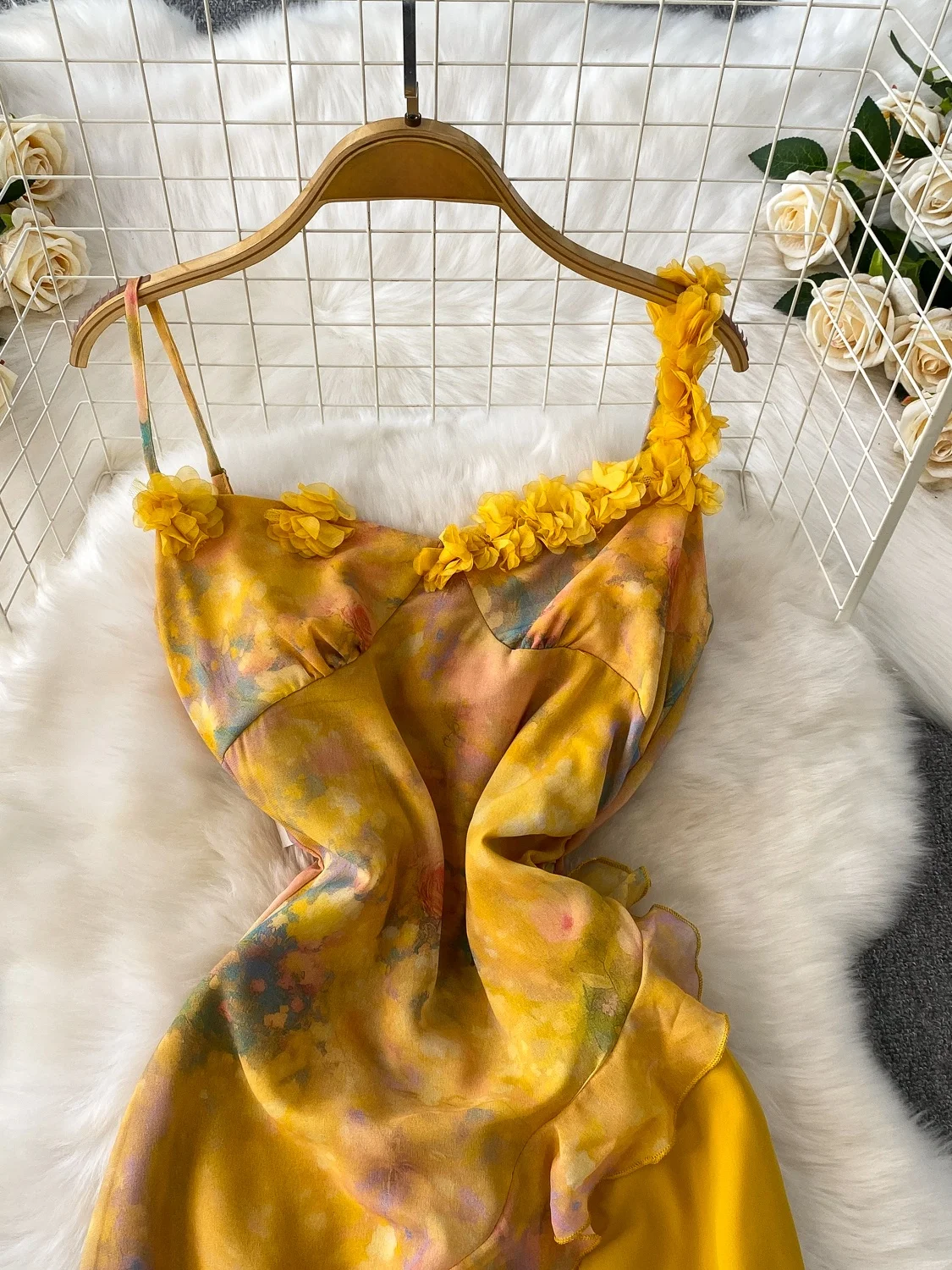 Impresionante Vestido Único 3D Floral Tie Dye de Vacaciones para Mujer con Tirantes, Falda Larga de Cintura Alta, Línea A, Ve...