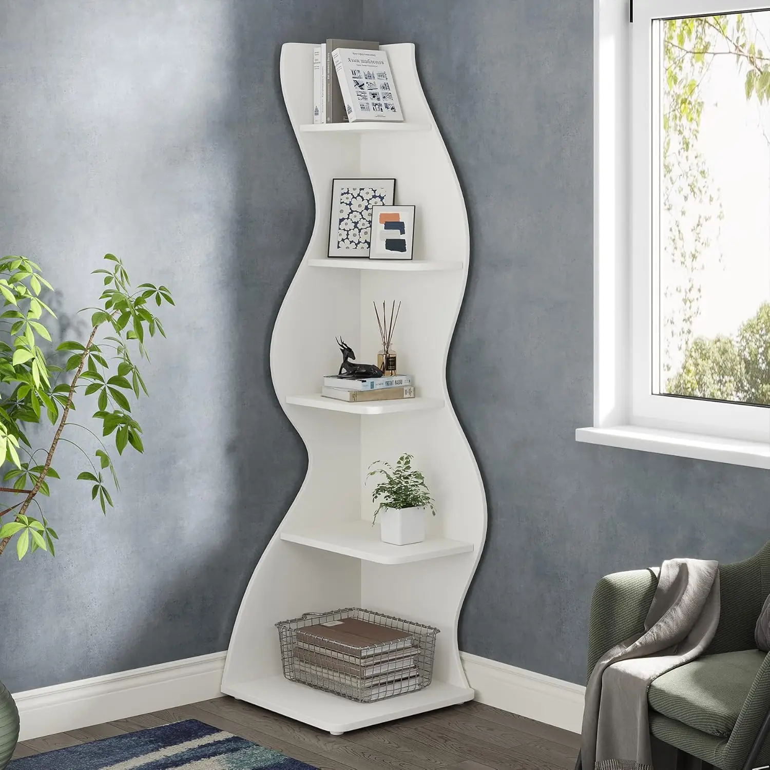 

Modern 5-Tier Corner Bookshelf, Stylish Corner Bookcase Storage Rack Plant Stand with Unique Shape for Living Room, Home Office