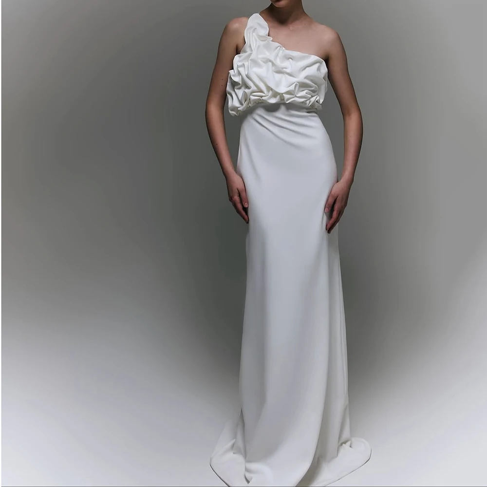 فساتين سهرة مخصصة على شكل حرف a طول الأرض بكتف واحد بدون أكمام فستان حفلات بسيط Fsahion ثنيات بدون ظهر للحفلات #2