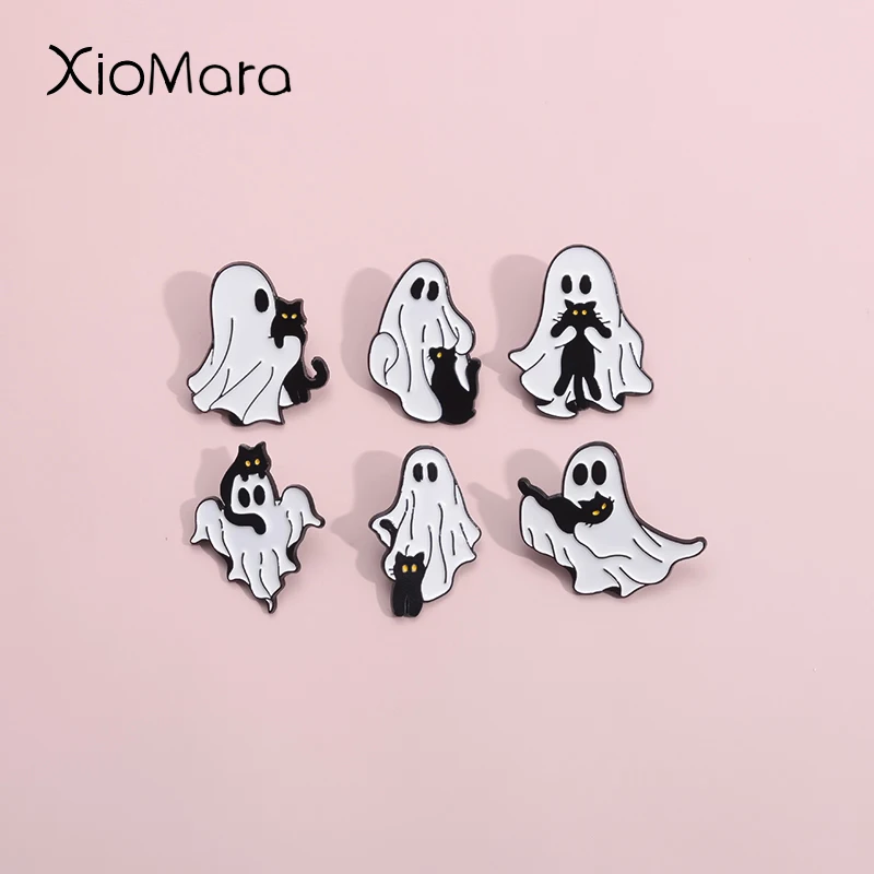 Halloween Ghost Cat Enamel Pins Custom Black Cat Boo Brooches Lapel Badges Cartoon Animal Gothic Jewelry Gift For Kids Friends