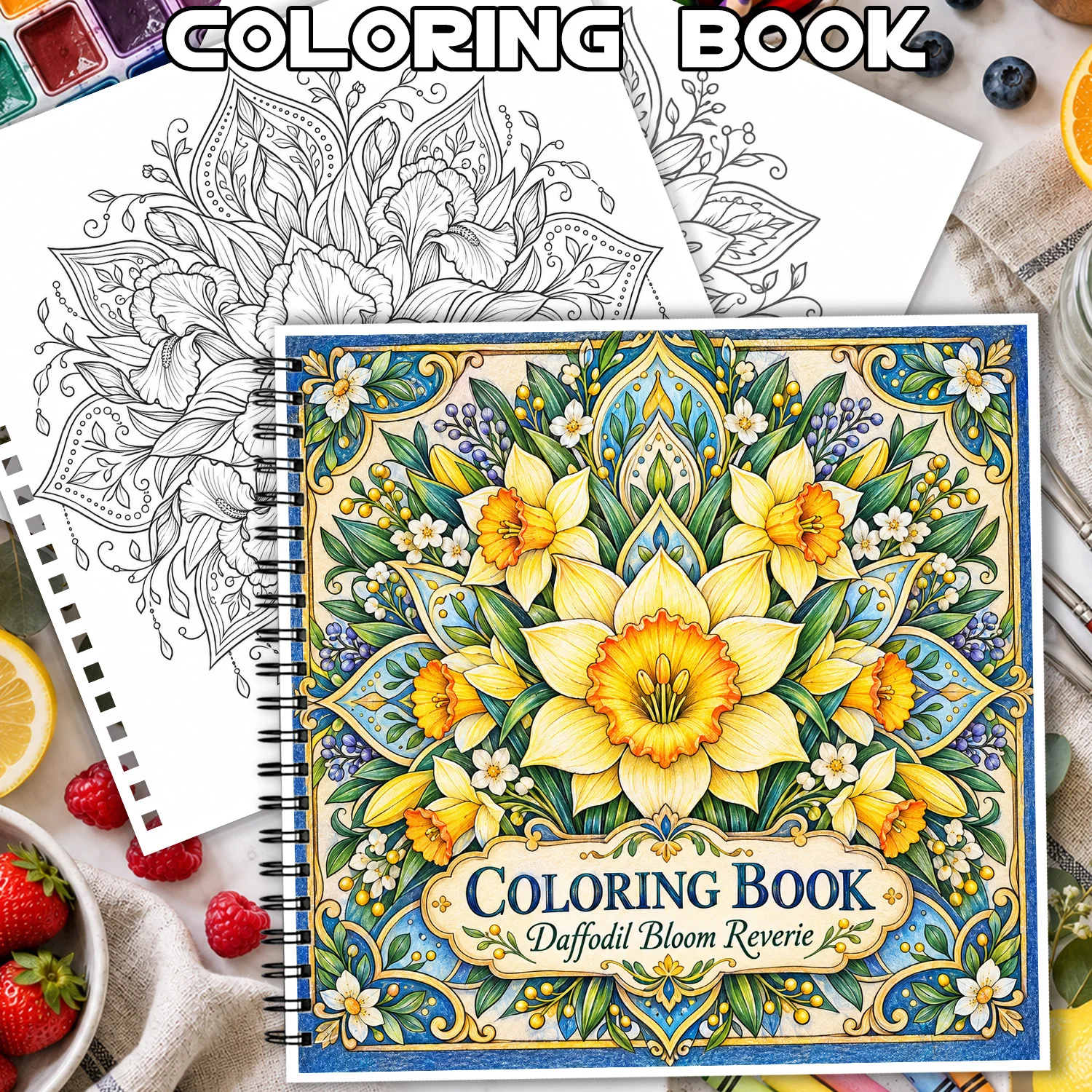 Spiral Binding Coloring Book Daffodil Bloom, 24 Sheets Adult Art Therapy Showcasing Creativity Relieving Stress Hobby Collection