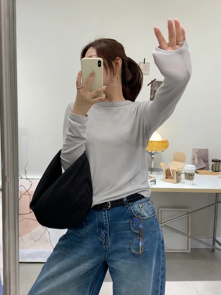 

Базовая корейская футболка BAADA TALK: тонкая хлопковая футболка с круглым вырезом, женская, модная, для повседневной носки, с длинным рукавом