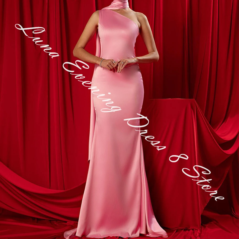 Customized Delicate Satin Mermaid One Shoulder Ribbons Evening Dress Sleeveless Floor Length Panel Train Vestidos de fiesta