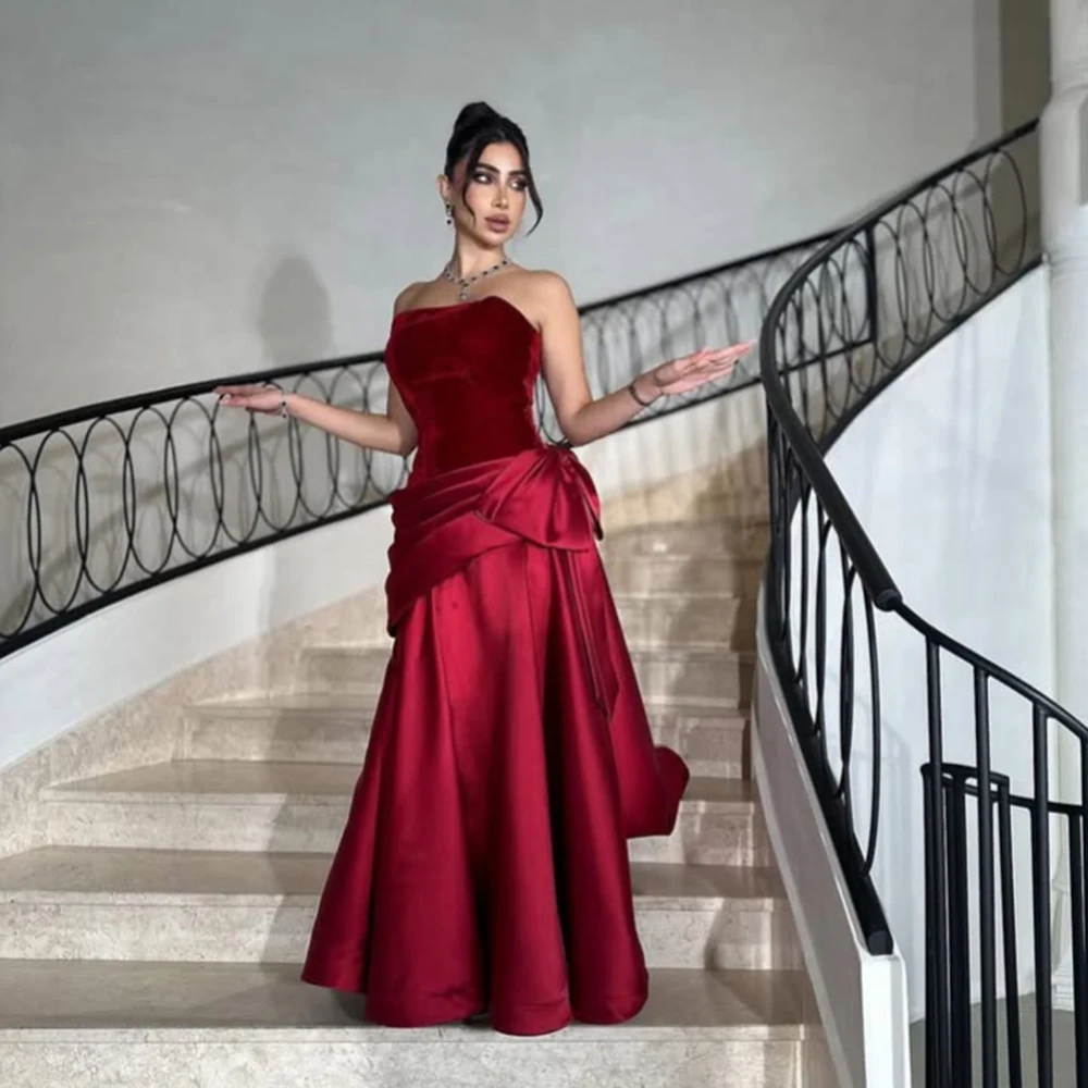 

Customized Strapless Burgendy Velour Formal Evening Dresses Draped A-line With Bow Backless Sweep Train Party Prom Gowns