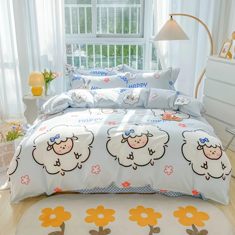 Cartoon Sheep Duvet Cover 4pcs Bedding Set Reversible Print Quilt Cover Polyester Comforter Cover 1 Flat Sheet 2 Pillowcases