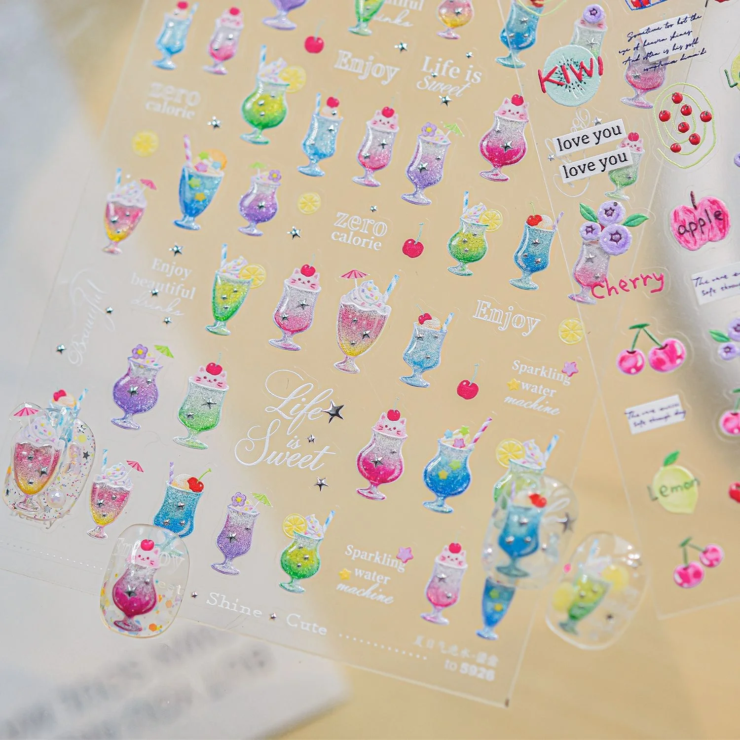 Sparkling Drink 5D Nail Stickers Iced Cocktail Bubbly Drink Cream Foam Topping Lemon Slice Cherry Decal Self Adhesive Manicure