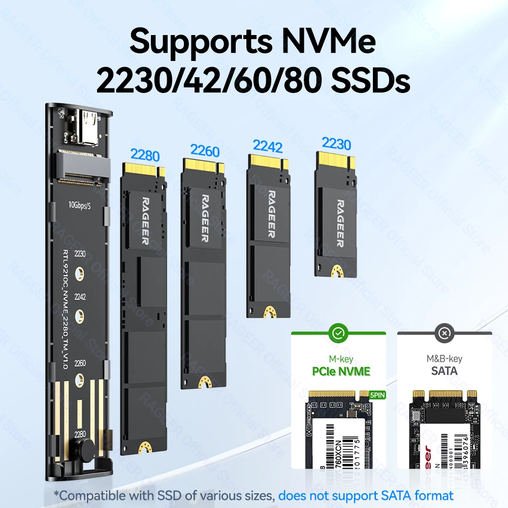 Корпус SSD RAGEER M.2 NVMe — неинструментный алюминиевый сплав RTL9210CN USB Type-C, 10 Гбит/с, поддерживает до 2 ТБ, поддерживает твердотельный накопитель 2280/60/42/30