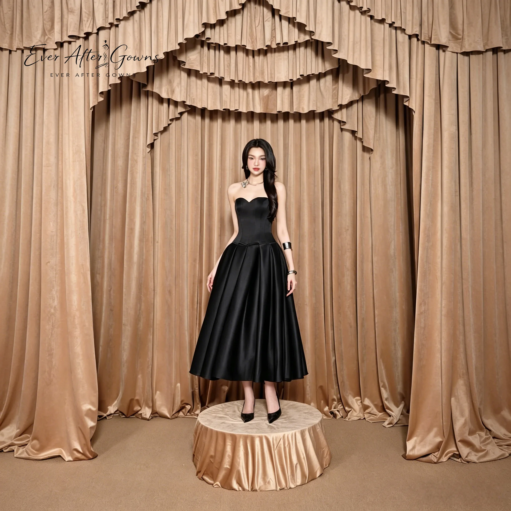 

Ever After Gowns Black Satin Strapless Midi Dress, Sweetheart Corset Waist Full Circle Skirt Formal Cocktail Homecoming Gown