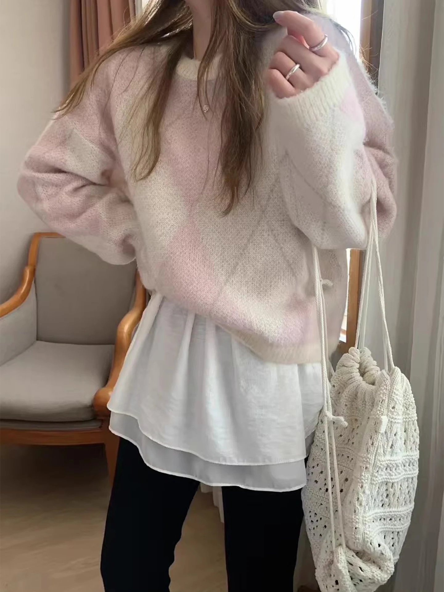 

Sweet Preppy Knitted Sweater Women's Loose Casual Overhead Winter New Sle Floral Lattice Pattern Versatile Comfortable Top