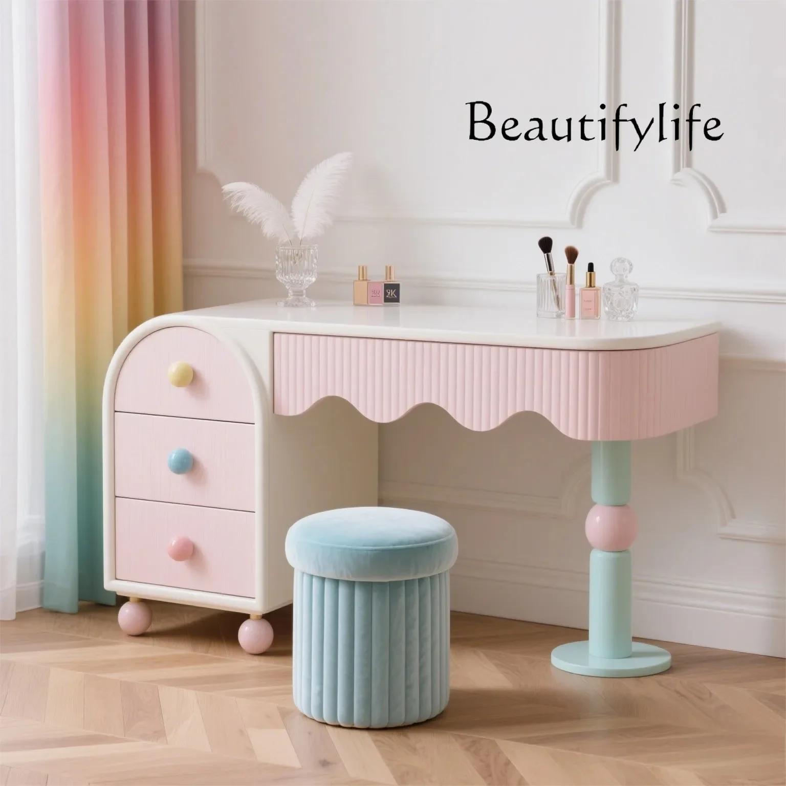 BJ New Cream Style Pink Solid Wood Chest Integrated Bedroom Makeup Table Storage Cabinet Dresser Makeup Table