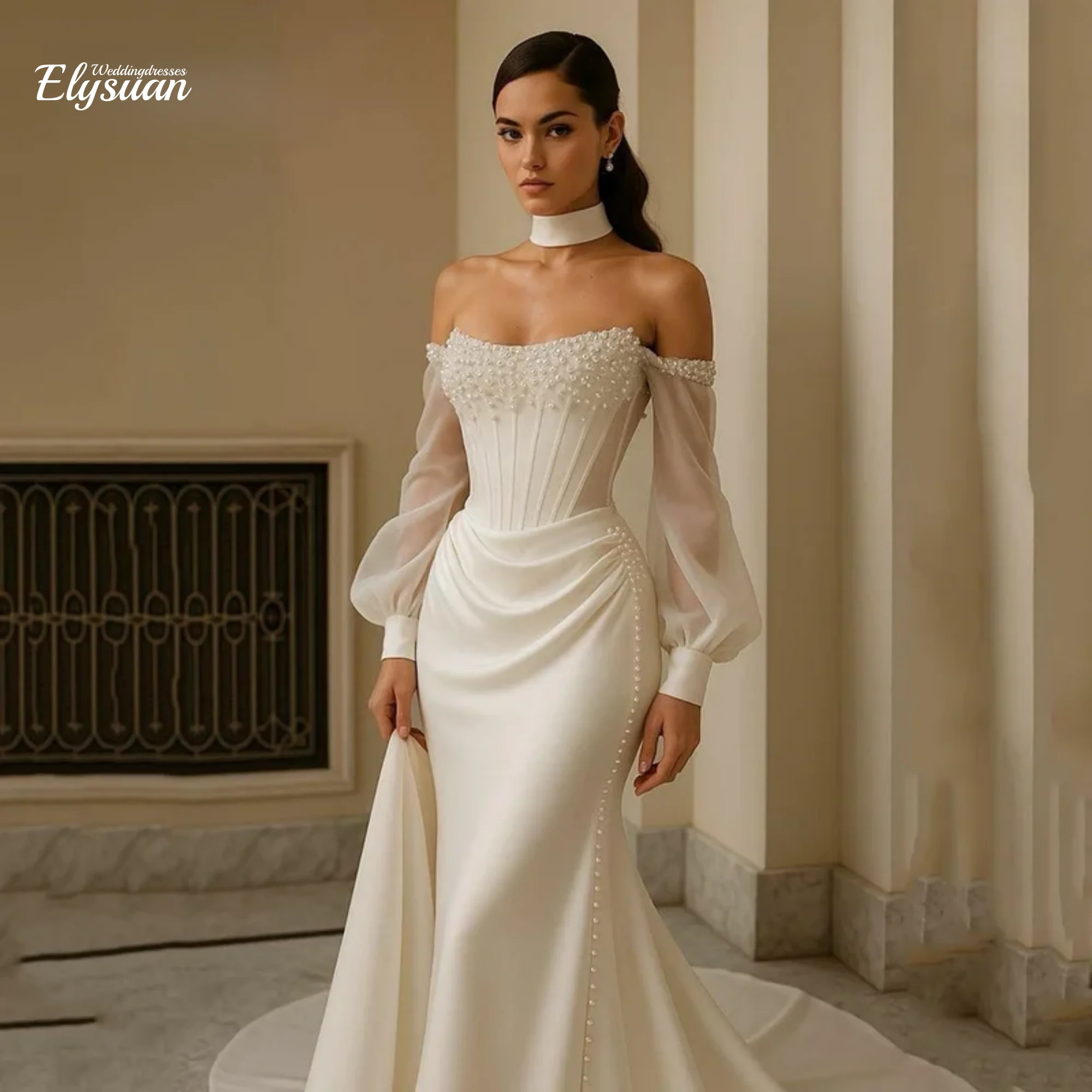 Customized  Modern Mermaid Bride Wedding Dresses Off the Shoulder Three Quarter with Pearl  Floor Length Luxury Gown New 2026