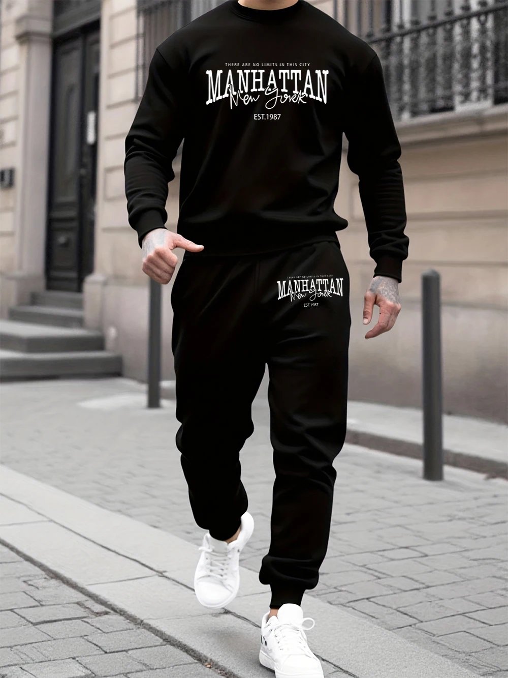 

2 Pcs Hoodie Set Men'S Manhattan New York Words Printed Sweatpants Sporty Crewneck Loose Jogging Outfits Autumn Fleece Clothes