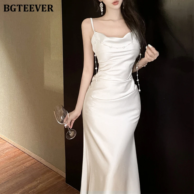 BGTEEVER エレガントなスパゲッティストラップレディーススキニーボディコンサテンドレス夏のヴィンテージスリムウエスト女性ノースリーブパッケージヒップドレス