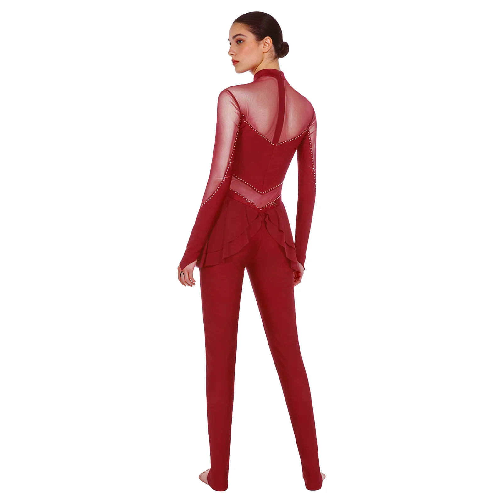 Frauen Eiskunstlauf Gymnastik Overall Glänzende Strass Sheer Mesh Patchwork Langarm Leggings Unitard Body für Sport