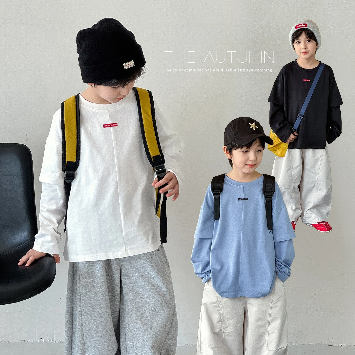 Boys T-shirt 2026 Autumn and Winter New Childrens Clothing Korean Boys and Girls Fashion Splicing Labeling Fake Two T-shirts