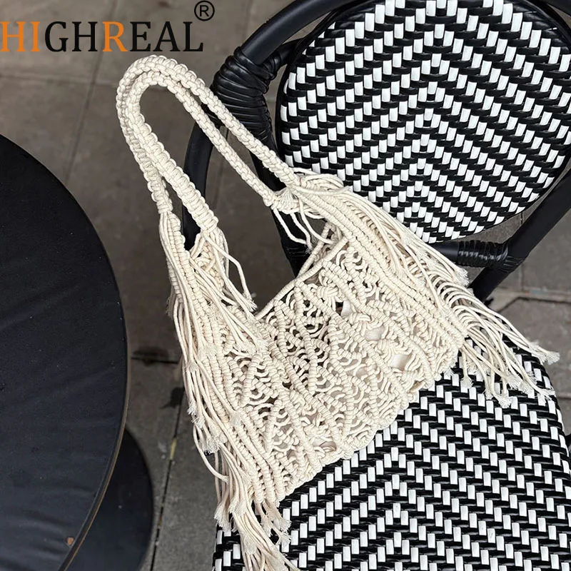 

New Bohemian Hand-woven Bag Tote Hollow Beach Bags For Women Handbag Handmade Woven Shoulder Bag Summer Travel Bag