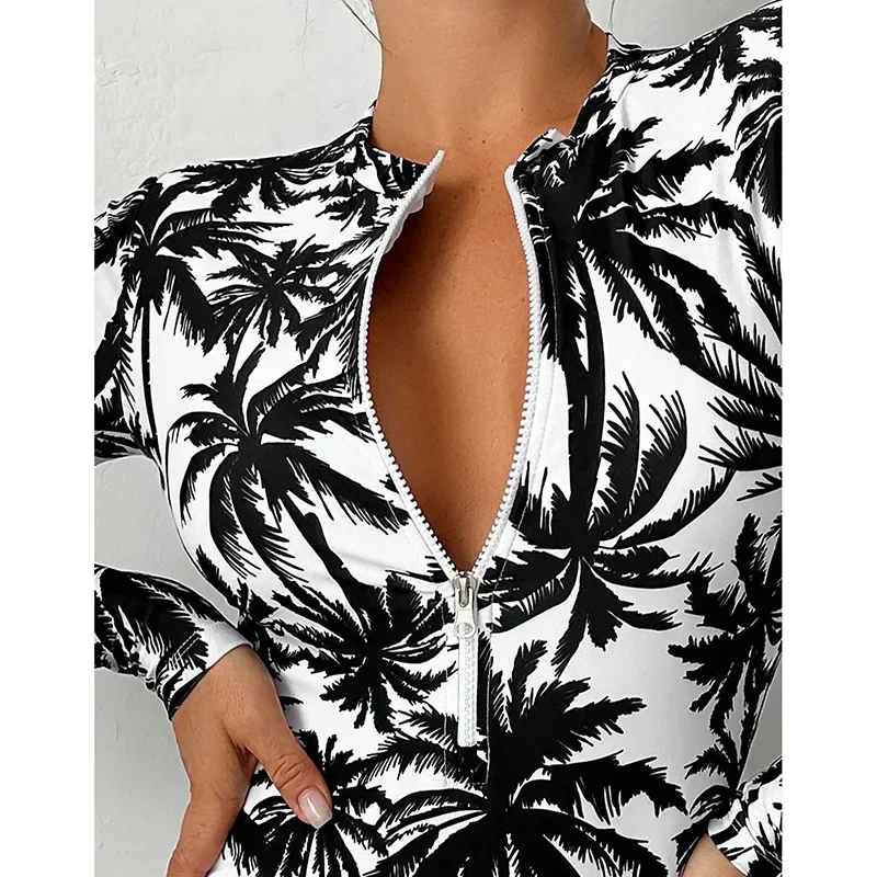 Women Summer Printed Swimsuit Fashionable High Waisted Long Sleeved Swimsuit Sexy Tight Fitting  Quick Drying One Piece Swimsuit