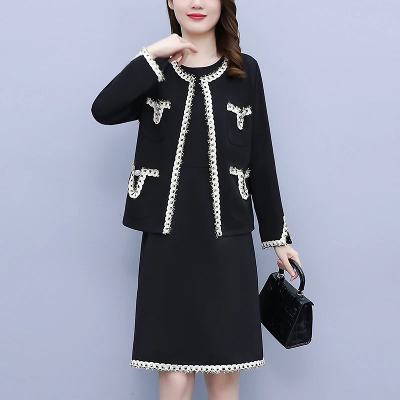 

Elegant Two-piece Set For Women Cardigan Jacket Tops And Tank Dresses Large Size Female Autumn Winter Loose Black Cotton Suits