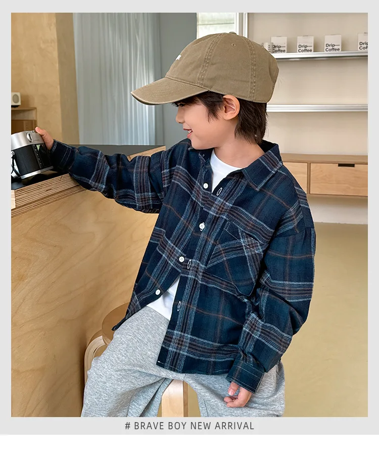 Boys Polished Plaid Shirt Children's Autumn Clothes Korean Version Long-sleeved Clothes Fashion Casual Loose Shirt