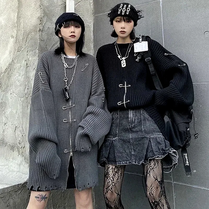 

Autumn Winter Women Sweaters Loose High Street Knitting Pullovers Pins Hollow Out Sweaters Y2K Ins Zippers Cool Woman Tops NS864