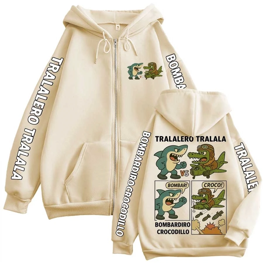 Italienischer Brainrot Funny Meme Hoodie Reißverschluss Tralalero Tralala Bombardiro Crocodilo Jacke Streetwear Outfit Sweatshirt P275
