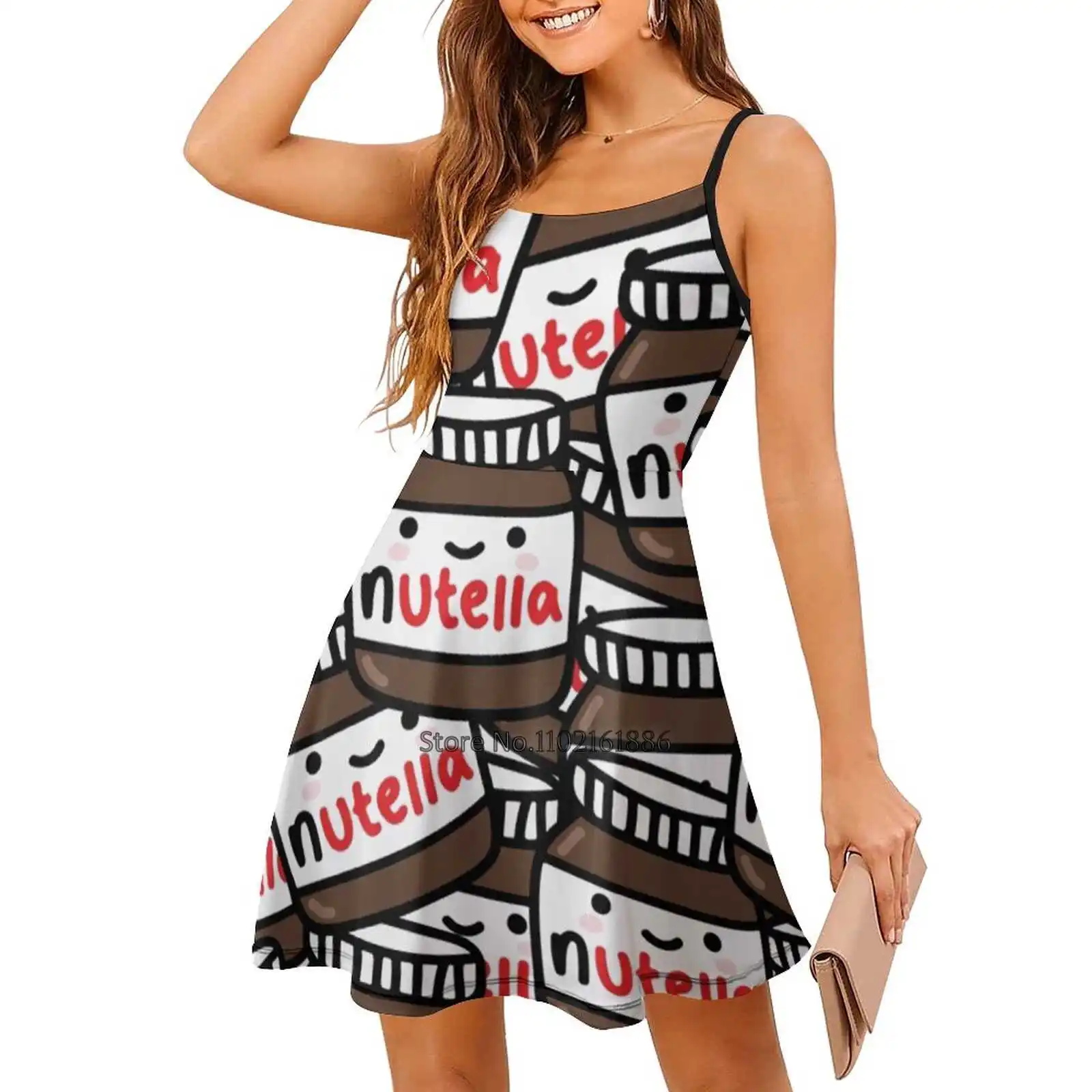 ¡Bonito patrón de Nutella! Vestido sin espalda con cordones en la espalda, vestido de cuello cuadrado, dulce y elegante, fundas divertidas, 4Ogo