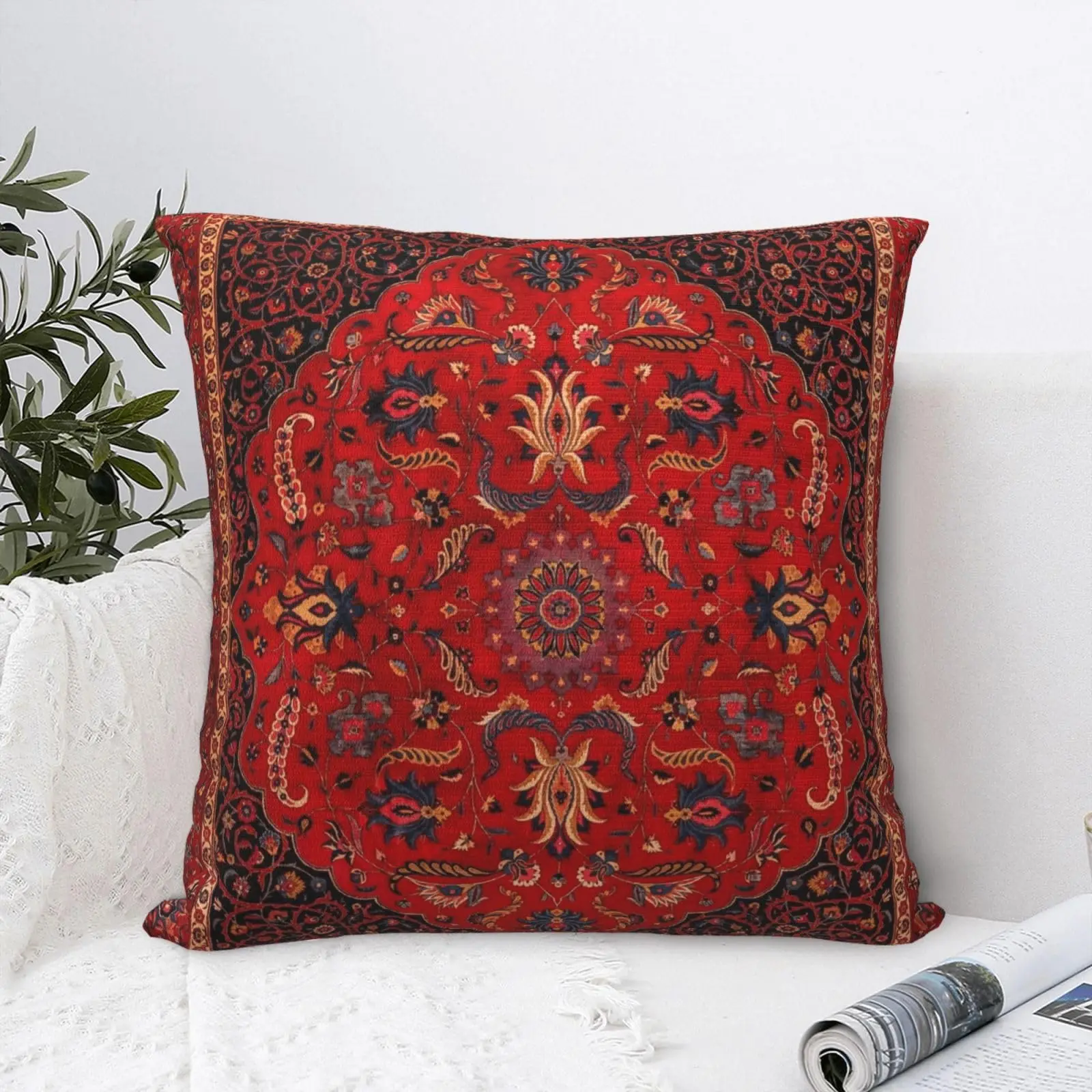 1pc Red Persian Floral Medallion Cushion Cover, Bohemian Kilim Print Throw Pillow Case, Ethnic Home Decor for Sofa Bedroom