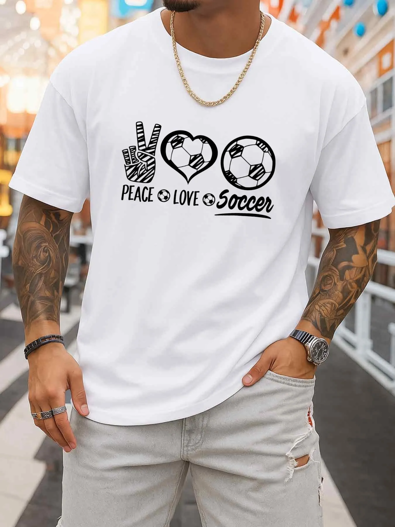 Men's T-Shirts Feature Stylish Designs That Promote Peace, Love, and Football. This White T-Shirt Offers a Regular Fit, Suitable for Casual Wear All Year Round, and Is the Perfect Gift. It Is Made from Breathable Fabric.