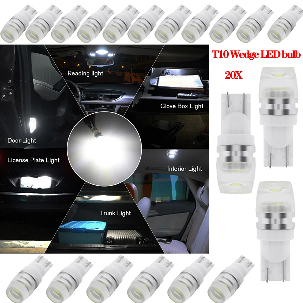 20 Piece Set OF T10 LED Internal Dome Map Trunk Light Bulb T10 COB 1W Bright White 192 168 194 W5W side lights super bright