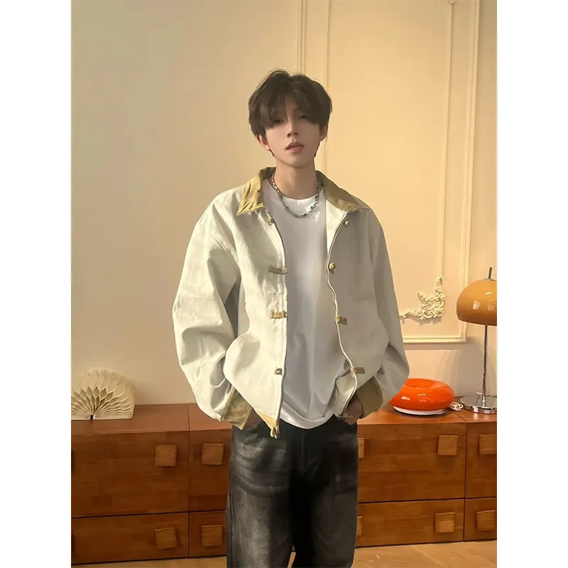 

New Chinese Sle Men's Jaet Spring Autumn Flip Collar Detroit Coat Button Design Casual Trendy Brand Cotton Long Sve