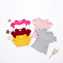 Summer New Children Girls Clothes Cotton Short Sleeve O-Neck Solid Elastic Shirt Off-Shoulder Cute Kids Baby Girl T-Shirt