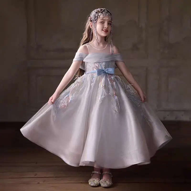 

Jill Wish J076 Elegant Flower Girl Dress Off Shoulder Feathers Princess Kids Wedding Birthday Pageant Party Evening Formal Gown
