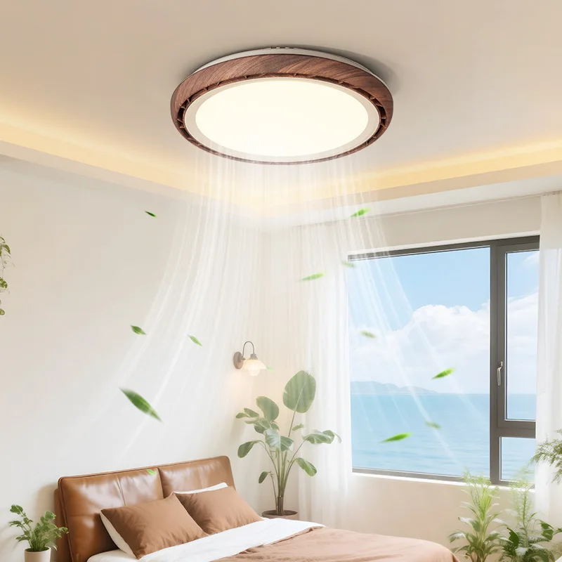 Modern Leaf Free Ceiling Fan Lights with Walnut Wood Grain Invisible Fan Restaurant Retro Fan Lamps Homestay Cafes Lamps