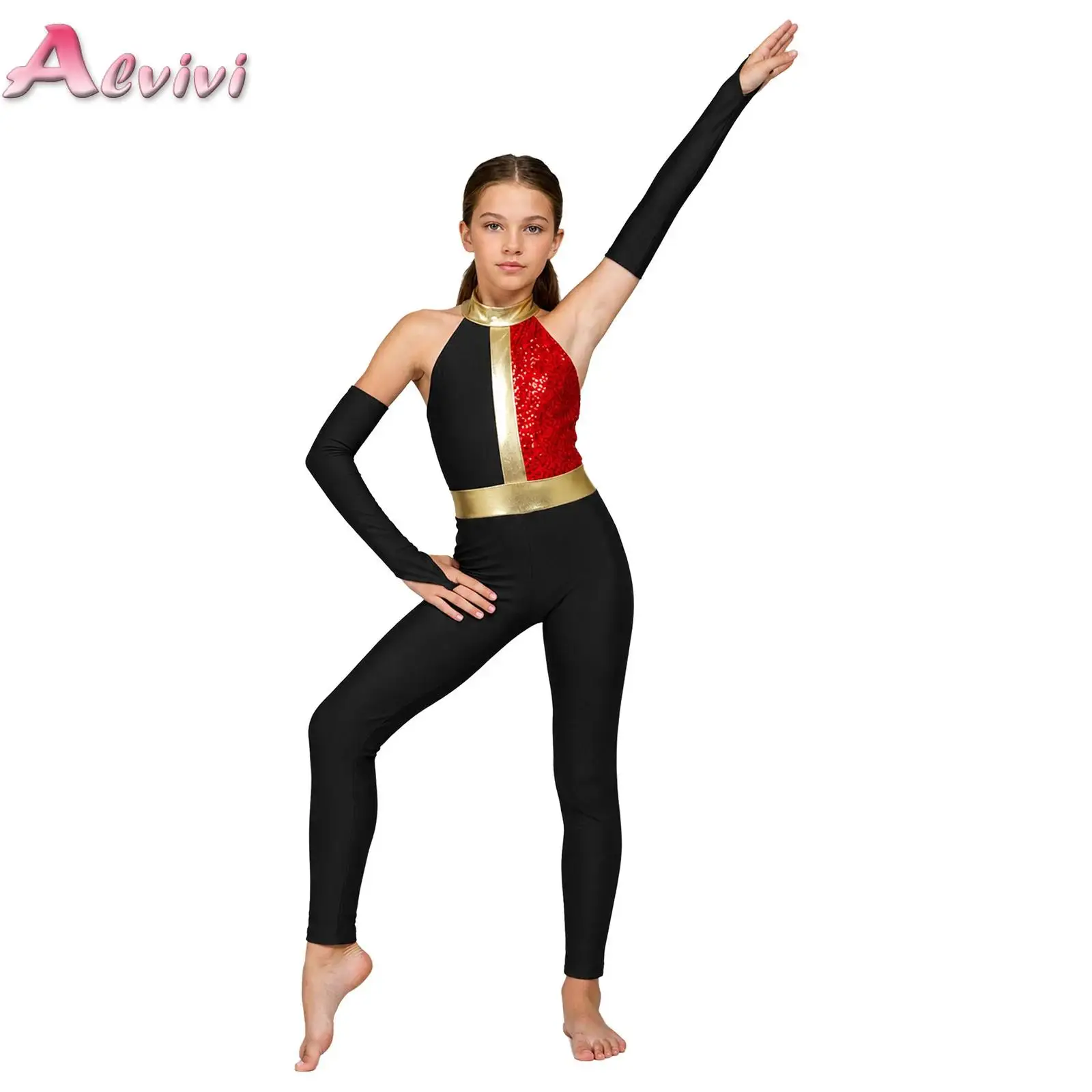 Kids Girls Sequin Ballet Dance Jumpsuit Halter Sleeveless Back Zipper Bodysuit with Gloves for Gymnastics Stage Performance