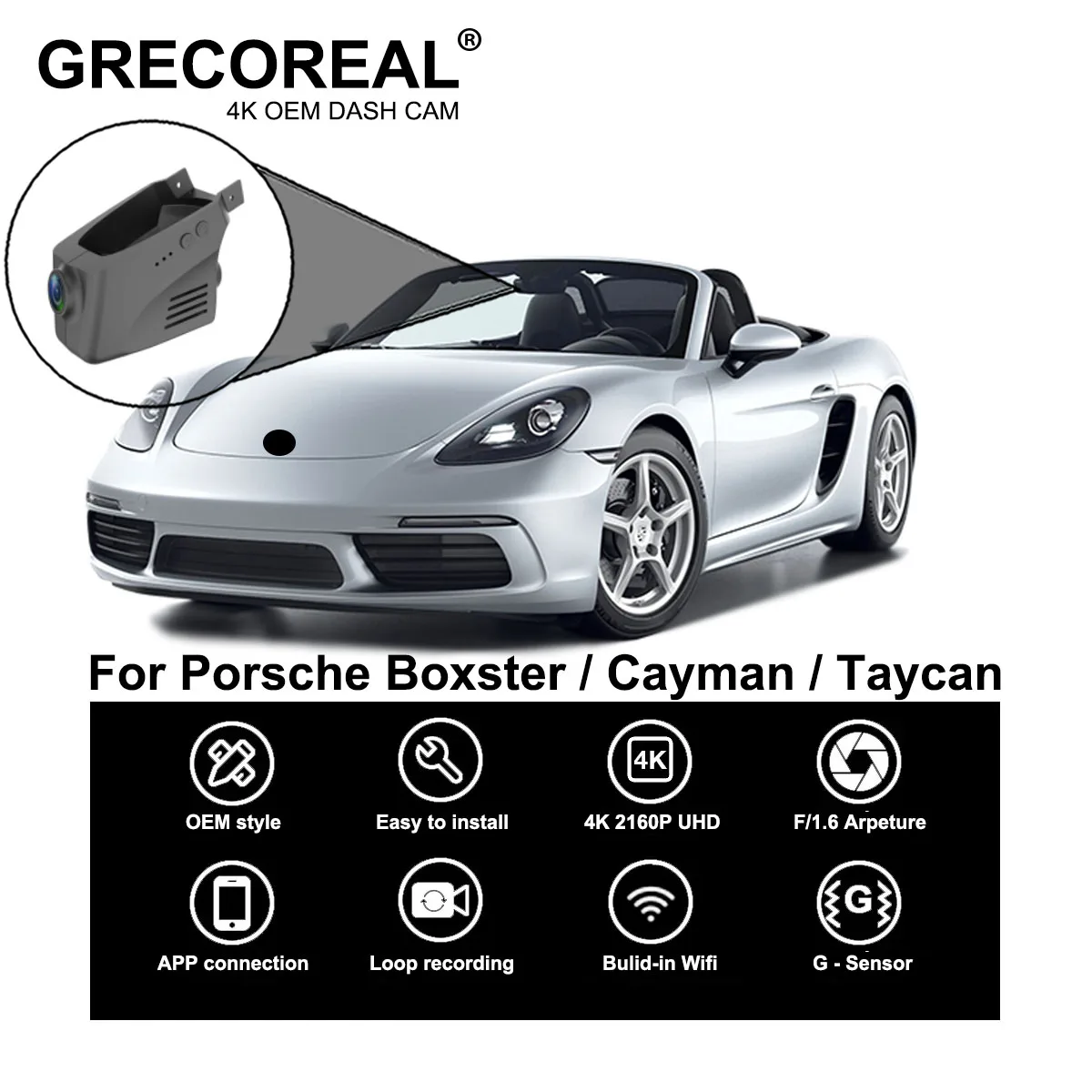 GRECOREAL 4K WiFi Dash Cam Front Rear Dual Camera Dashcam Plug Play Compatible with Porsche 718 Boxster Cayman 981 982 Taycan