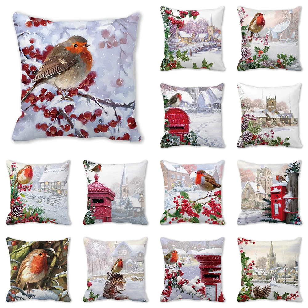 

Winter Snowy Bird Pine Print Pattern Cushion Cover for Home, Living Room, Sofa Decoration Pillow 45X45cm