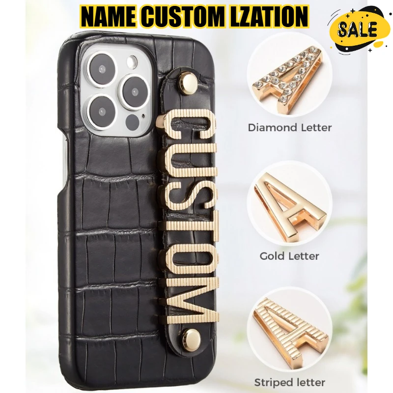 

Customized Personalized Name Crocodile Texture Phone Case for Iphone 11 Pro Max Xr XS Max 8 7plus Letter Wristband Holding Strap