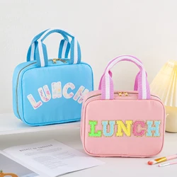 Girls Boys Preppy Cute Reusable Nylon Insulated Tote Lunch Box Cooler Bag with Chenille Letters for Office School Travel Picnic