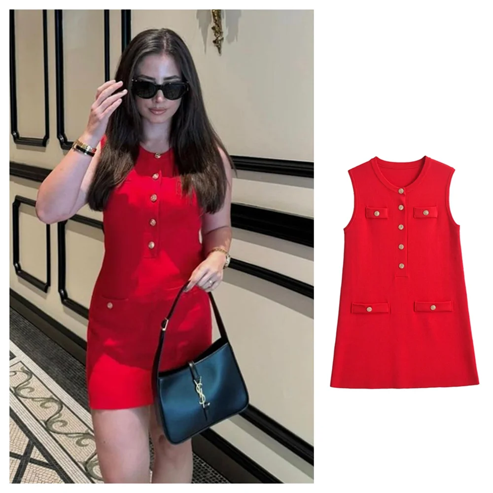 PB&ZA2024 Summer New Women\'s Fashion Style Slimming and Versatile Round Neck Sleeveless Knitted Short Dress