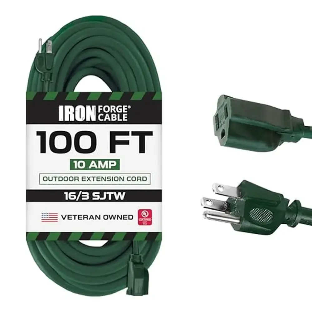 100ft Green Outdoor Extension Cord 16/3 SJTW Heavy Duty 3 Prong Weatherproof Power Cable