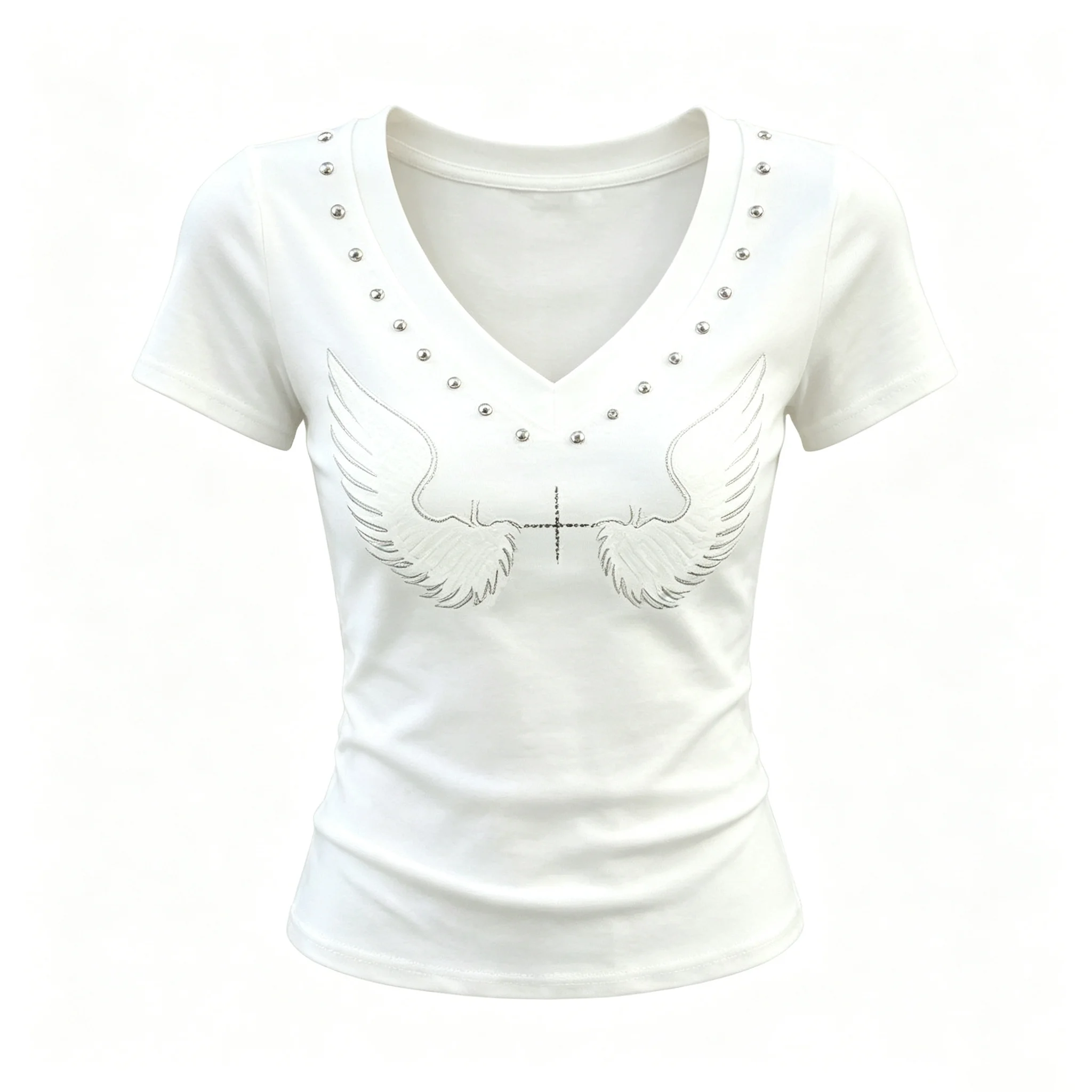 Millennial hot girl style hot diamond short-sleeved T-shirt women's summer design sense wing embroidery slim V-neck riveted top