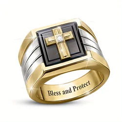 Retro Bless and Protect Cross Rings for Men Luxury Two Tone Black Color Micro Zircon Drip Oil Finger Ring Trend Religion Jewelry