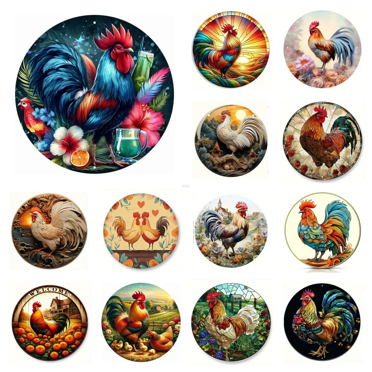 Retro Round Metal Tin Signs 2D Flat Roosters Decor Pattern Nostalgic Iron Painting Novelty For Cafe Bar Man Cave Wall Decor